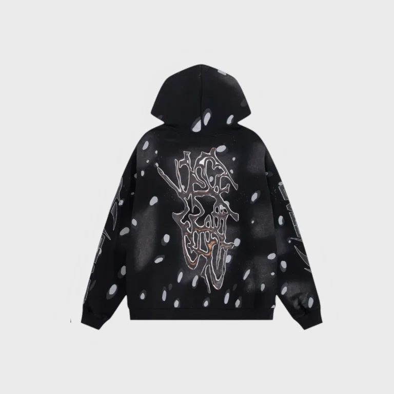 Back view of the HellStar No Guts No Glory black hoodie featuring distressed white paint splatter and bold graphic art.