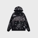 Hellstar No Guts No Glory black fleece hoodie with a relaxed streetwear fit and bold graphic screen print design.