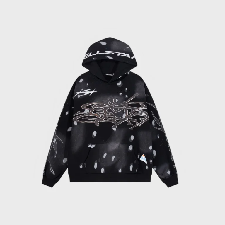 Hellstar No Guts No Glory black fleece hoodie with a relaxed streetwear fit and bold graphic screen print design.