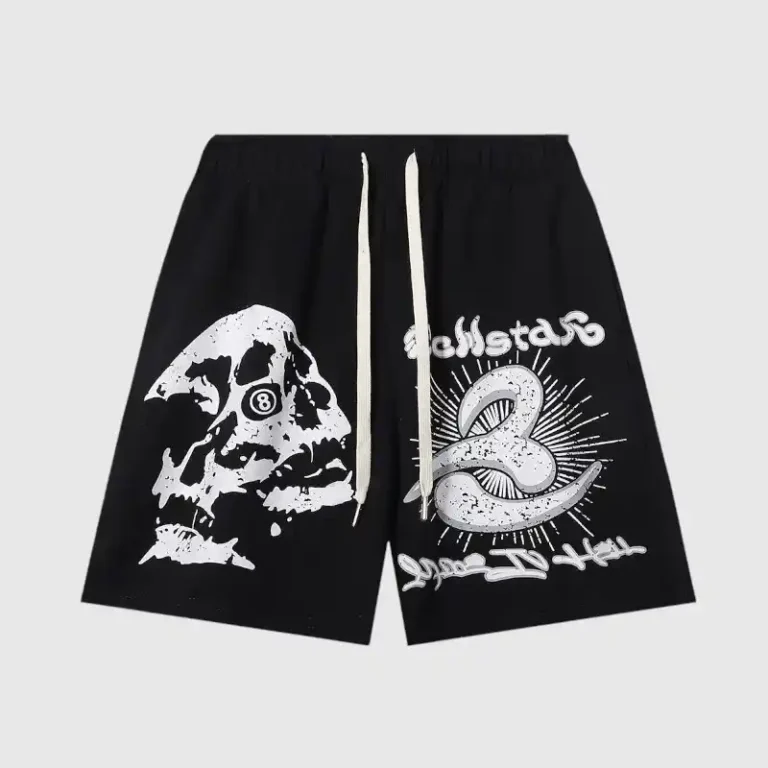 Hellstar Studios black fleece shorts featuring a white 8-ball skull graphic and streetwear logo screen prints.