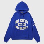 Hellstar No Guts No Glory blue pullover hoodie featuring a bold graphic print on the front and oversized fleece fit.