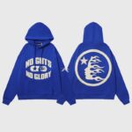 Hellstar No Guts No Glory blue hoodie showing the front graphic slogan and the iconic flaming star head back design