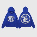 Hellstar No Guts No Glory blue hoodie showing the front graphic with the slogan and the back with the flame logo.