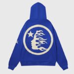 Back view of the blue Hellstar No Guts No Glory pullover hoodie featuring a large circular white flame star logo