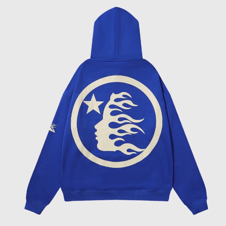 Back view of the blue Hellstar No Guts No Glory pullover hoodie featuring a large circular white flame star logo