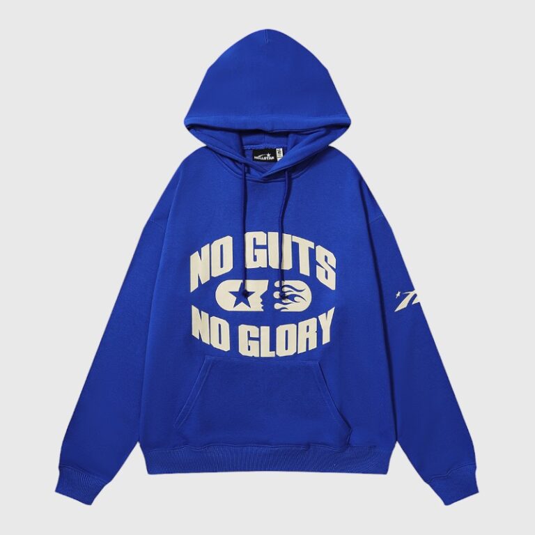 Blue Hellstar No Guts No Glory pullover hoodie with a bold graphic print on the front and comfortable streetwear fit.