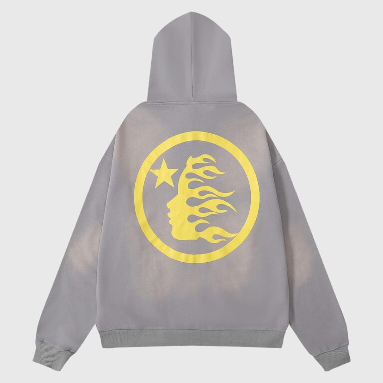 Back view of the grey Hellstar No Guts No Glory hoodie featuring the iconic yellow flaming star head logo.