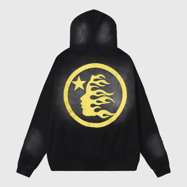 Back view of the Hellstar No Guts No Glory washed black hoodie featuring the iconic yellow flaming star head logo.