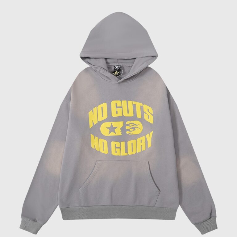 Hellstar No Guts No Glory hoodie in grey featuring yellow graphic lettering and a vintage washed aesthetic design.