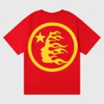 Red Hellstar No Guts No Glory unisex cotton T-shirt back with bold yellow circular flame-face and star logo, vintage wash