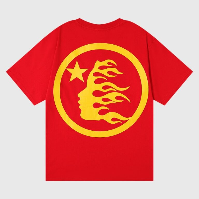 Red Hellstar No Guts No Glory unisex cotton T-shirt back with bold yellow circular flame-face and star logo, vintage wash