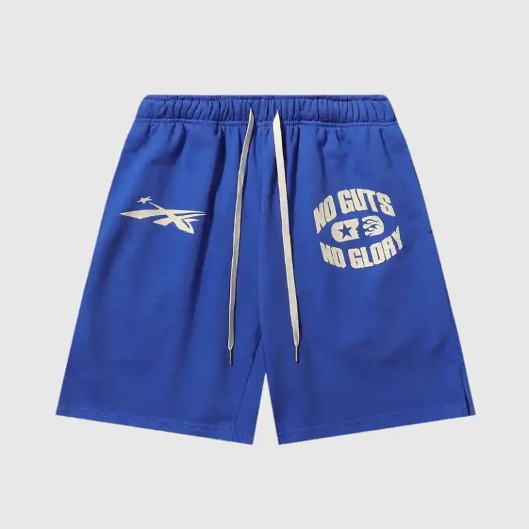Hellstar No Guts No Glory royal blue fleece shorts with a white drawstring and bold front screen-printed graphic logo.