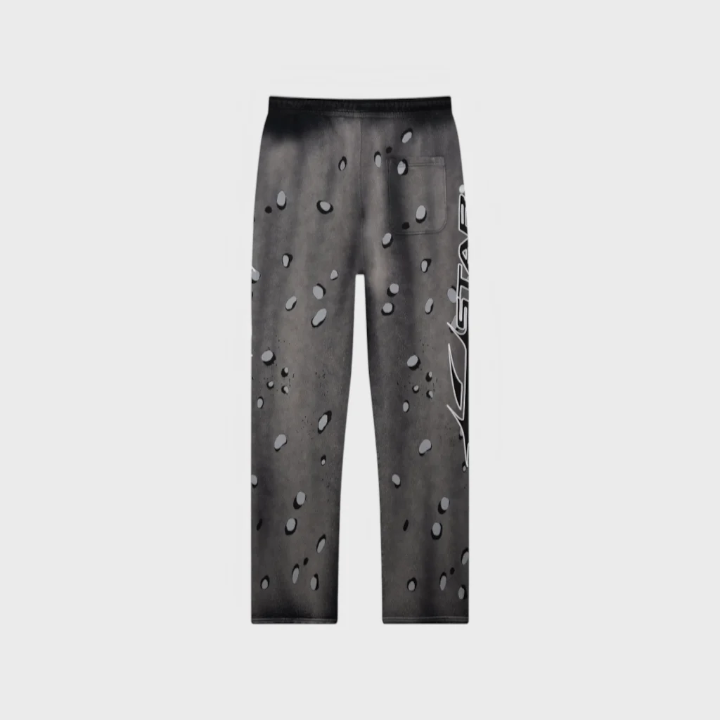 Hellstar No Guts No Glory sweatpants in grey featuring a vintage washed fleece fabric and streetwear graphic design.