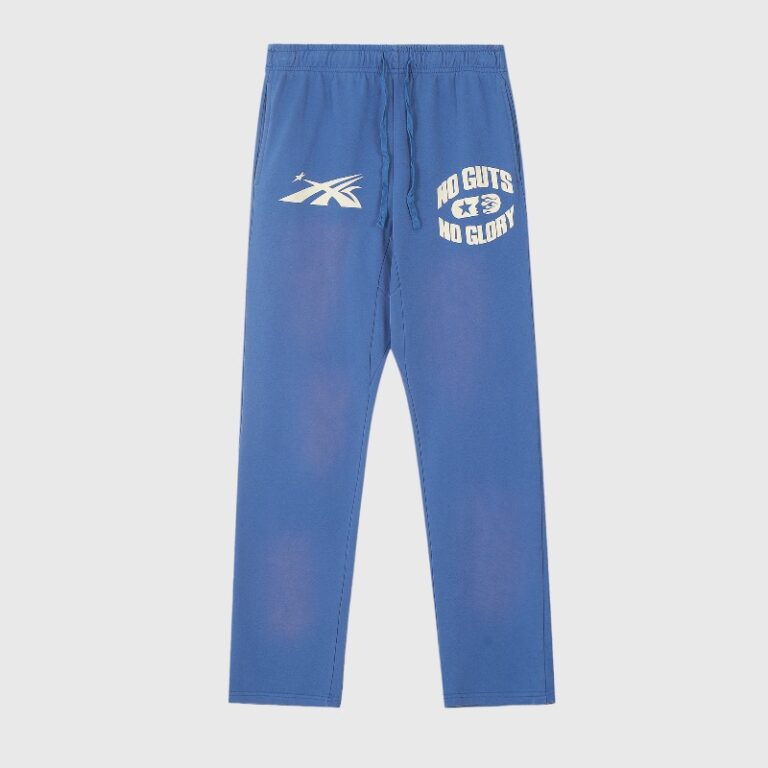 Hellstar No Guts No Glory blue sweatpants with graphic print, drawstring waist, and relaxed streetwear fleece fit.