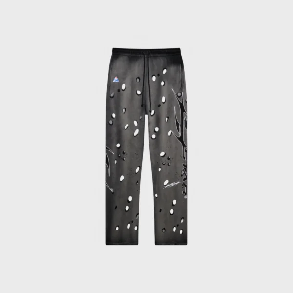 Hellstar No Guts No Glory! grey streetwear sweatpants featuring a distressed graphic print design and comfortable fit.