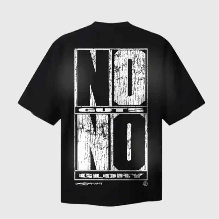Hellstar No Guts No Glory black cotton graphic t-shirt featuring a stylized racing helmet design on the back.