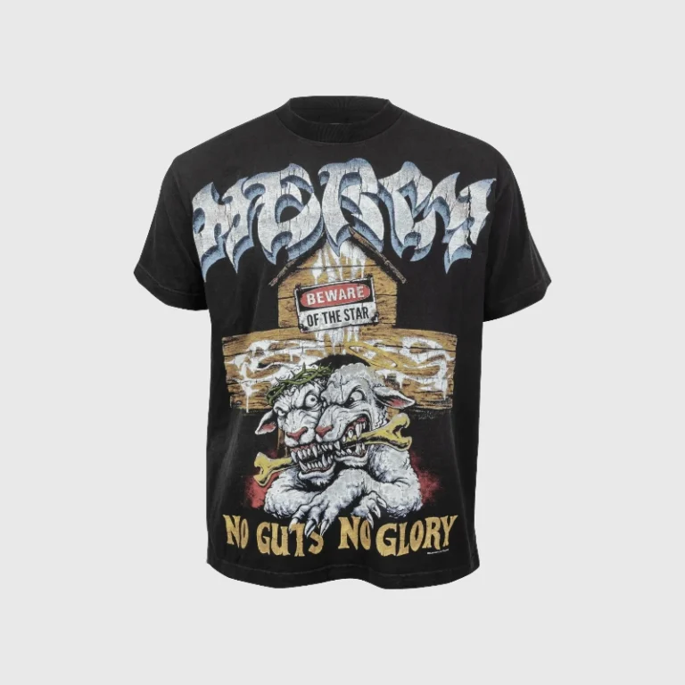 Hellstar No Guts No Glory black graphic t-shirt featuring a doghouse, two-headed monster, and bold distressed lettering.