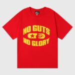 Hellstar red "No Guts No Glory" unisex vintage-washed cotton T-shirt with bold yellow screen print, made in Los Angeles