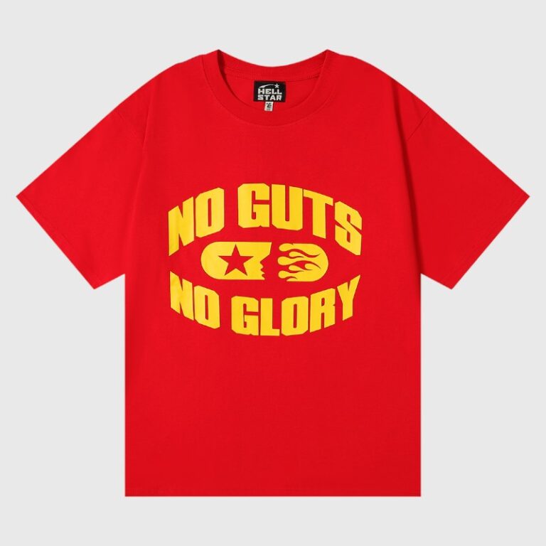 Hellstar red "No Guts No Glory" unisex vintage-washed cotton T-shirt with bold yellow screen print, made in Los Angeles