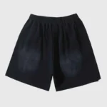 A back view of the black Hellstar No Humanity streetwear shorts featuring a comfortable drawstring waist design.