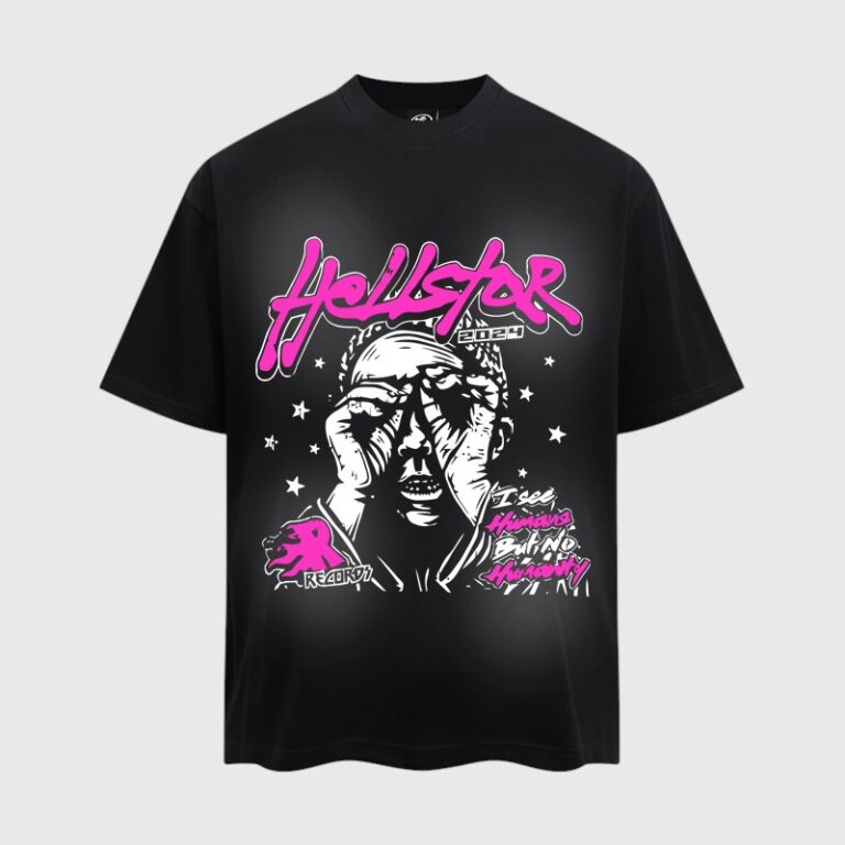 Hellstar No Humanity black graphic t-shirt featuring a disillusioned figure, pink logo, and star motifs.