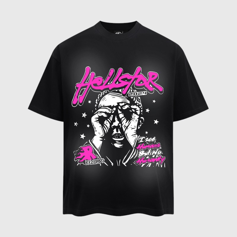 Hellstar No Humanity Graphic T Shirt Hellstar No Humanity black graphic t-shirt featuring a disillusioned figure, pink logo, and star motifs.