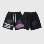Black Hellstar No Humanity streetwear shorts featuring a graphic print, drawstring waist, and relaxed fit design.