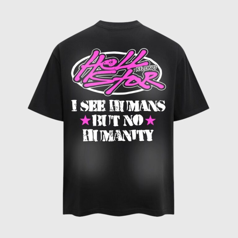 Black Hellstar No Humanity t-shirt showing the back graphic with pink logo and white text I see humans but no humanity