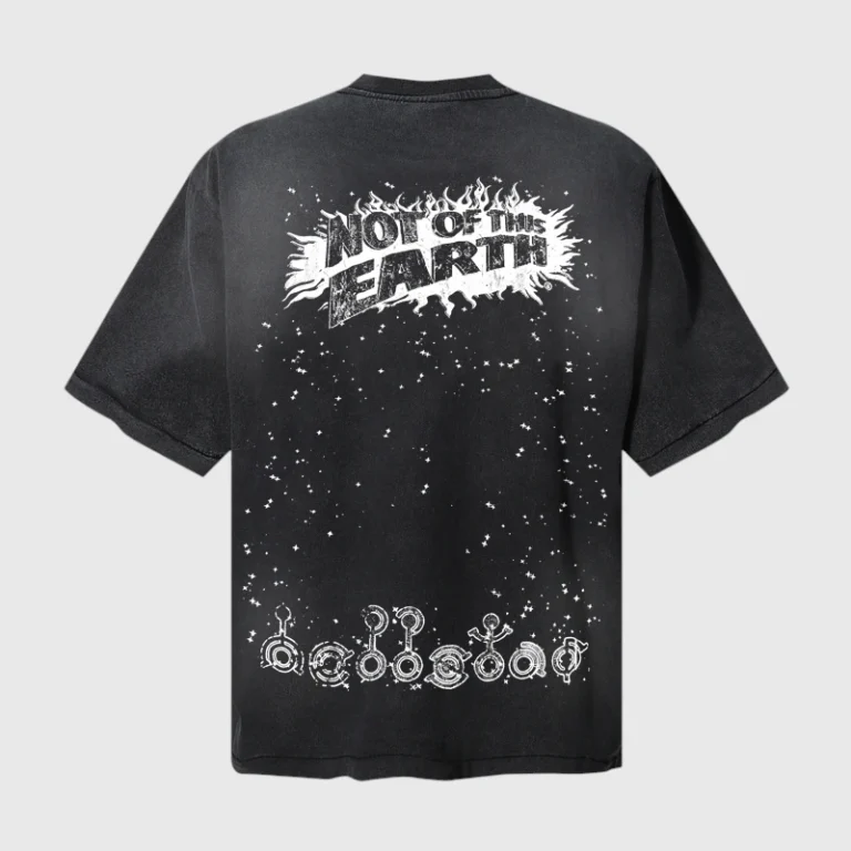 Back view of the black Hellstar Not Of This Earth T-shirt with white graphic print featuring stars and stylized symbols.