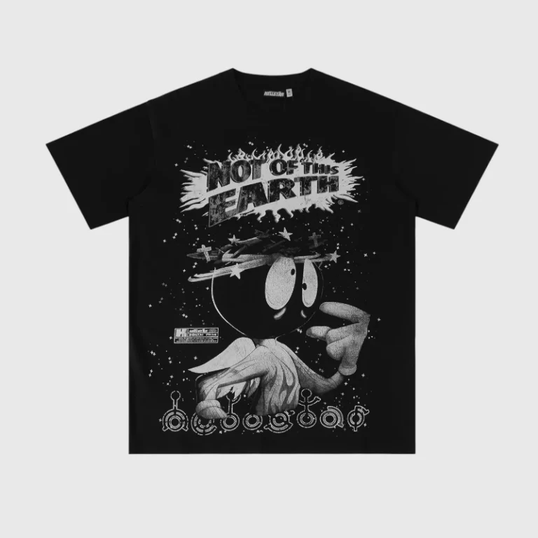 Black Hellstar Not Of This Earth t-shirt featuring a stylized cartoon graphic with stars and text on the front.