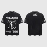Black Hellstar NY Jesus T-Shirt featuring a graphic screen print, vintage washed cotton, and Made in Los Angeles design.