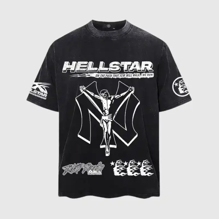 Hellstar NY Jesus T-Shirt featuring a vintage washed black cotton design with unique graphic screen printing details.