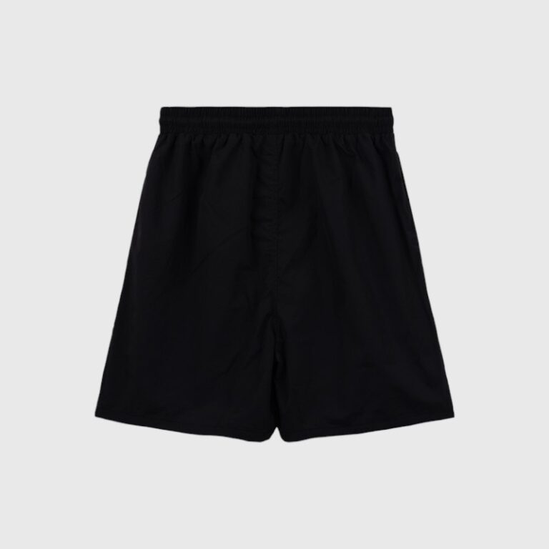 Back view of black Hellstar nylon athletic shorts featuring a clean design and elastic waistband for comfortable wear