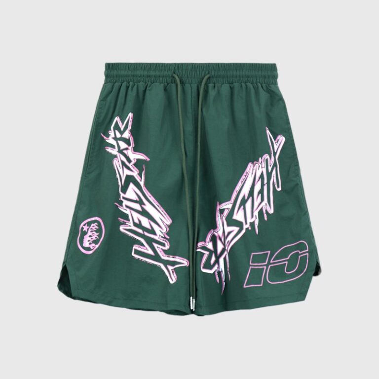 Hellstar Nylon Athletic Shorts in green featuring iconic graphic screen prints and a comfortable drawstring waist.