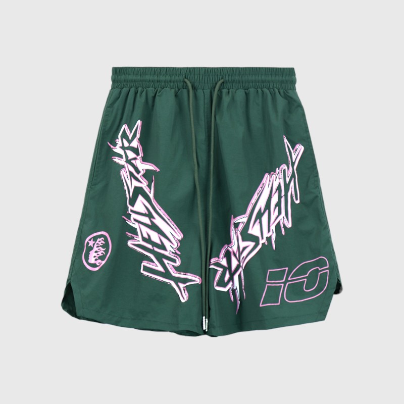 Hellstar Nylon Athletic Shorts Green Hellstar Nylon Athletic Shorts in green featuring iconic graphic screen prints and a comfortable drawstring waist.