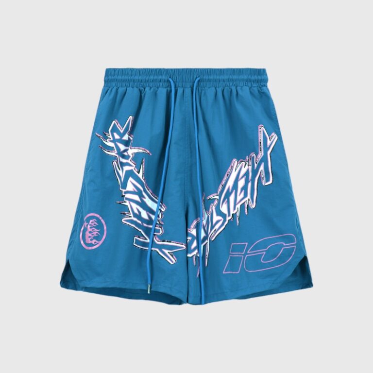 Hellstar light blue nylon athletic shorts featuring bold graphic screen prints and a drawstring elastic waistband.