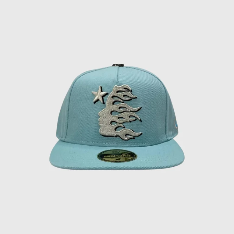 Hellstar OG Logo Fitted 59Fifty Hat in baby blue featuring a stylized silver flame and star graphic embroidery detail.