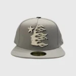 Grey Hellstar OG Logo fitted 59Fifty hat featuring a structured crown and embroidered flame logo design.