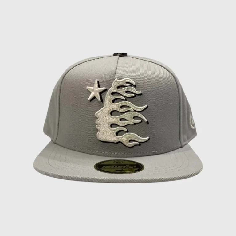 Grey Hellstar OG Logo fitted 59Fifty hat featuring a structured crown and embroidered flame logo design.