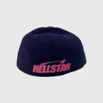 Navy blue Hellstar OG Logo fitted 59Fifty hat with bright pink embroidered branding on the front panel