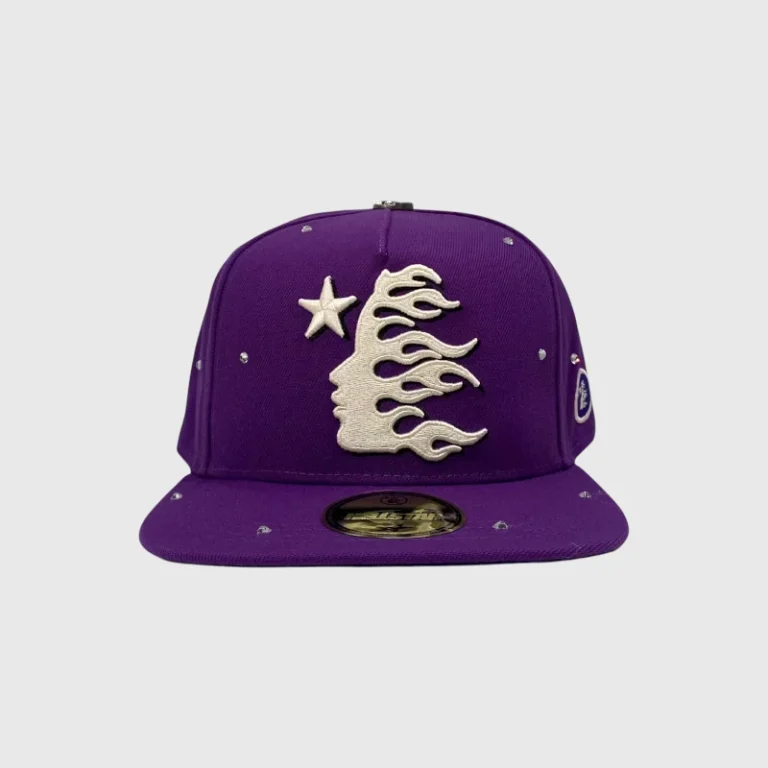 Purple Hellstar OG logo 59Fifty fitted hat featuring sparkling rhinestone embellishments and a structured crown design.