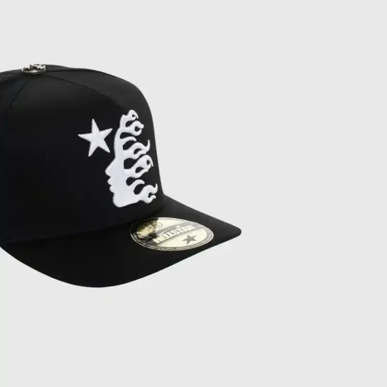 This black Hellstar OG Logo snapback hat features white iconic embroidery and a flat brim for a streetwear style.