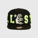 Hellstar OG Patch Fitted cap in black with bold neon green embroidered lettering and iconic logo design.