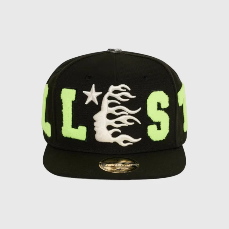Hellstar OG Patch Fitted cap in black with bold neon green embroidered lettering and iconic logo design.