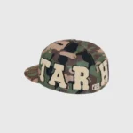 Hellstar OG Patch Fitted Camo hat featuring a classic camouflage print and signature embroidered logo lettering.