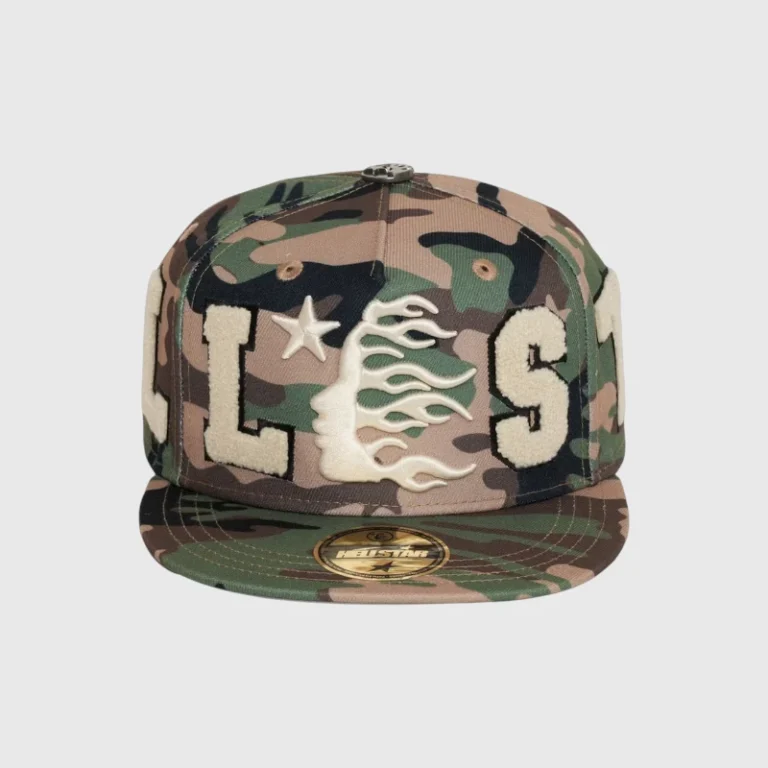 A stylish camouflage Hellstar OG fitted hat featuring premium embroidered patch details for a rugged streetwear look.