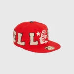 A bright red Hellstar OG patch fitted hat featuring white embroidered lettering and flame detail on the front.