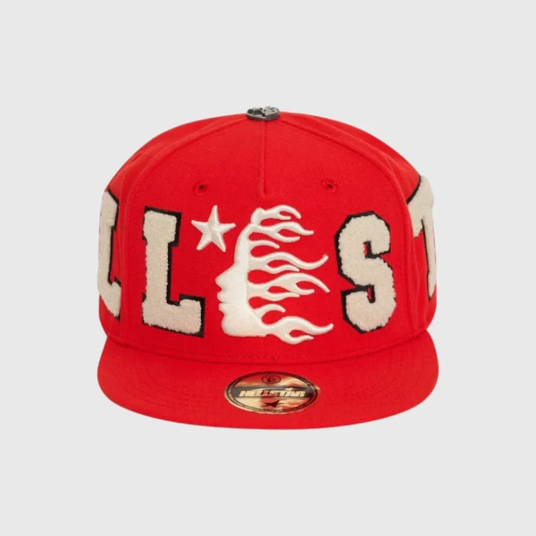 A vibrant red Hellstar OG Patch fitted hat featuring premium embroidered white lettering and a signature flame graphic.