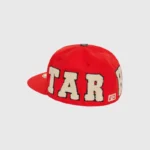 Red Hellstar OG Patch Fitted cap featuring bold off-white lettering and a structured streetwear design style.