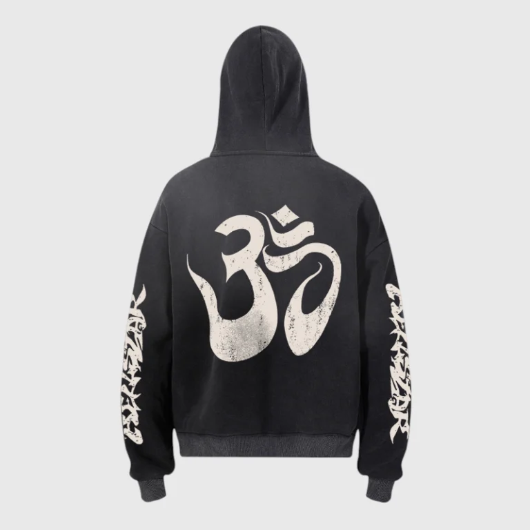 Back view of the black Hellstar OHM Hoodie featuring a large distressed screen-printed graphic on the back.